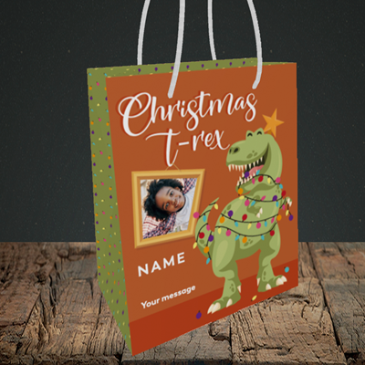 Picture of T-Rex, Christmas Design, Small Portrait Gift Bag