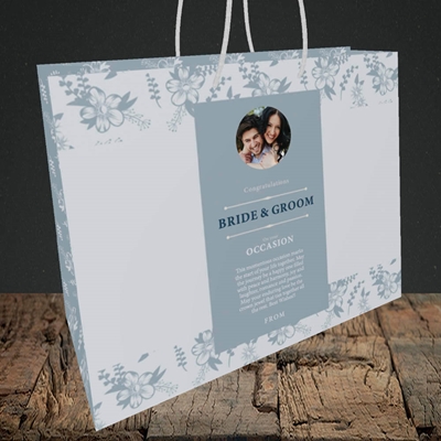 Picture of Floral Strip Edges - Pale Blue  B&G, Wedding Design, Medium Landscape Gift Bag