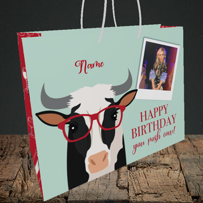 Picture of Cow, Birthday Design, Medium Landscape Gift Bag