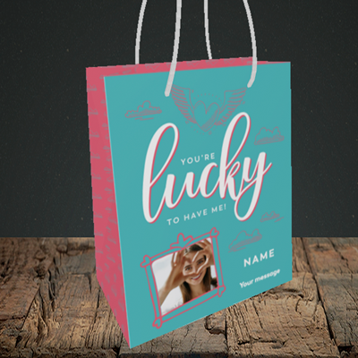 Picture of Lucky To Have Me, Valentine's Design, Small Portrait Gift Bag