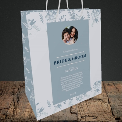 Picture of Floral Strip Edges - Pale Blue  B&G, Wedding Design, Medium Portrait Gift Bag