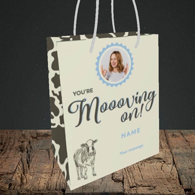 Picture of Moooving On, Leaving Design, Small Portrait Gift Bag