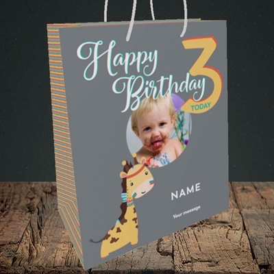Picture of Giraffe's 3rd, Birthday Design, Medium Portrait Gift Bag