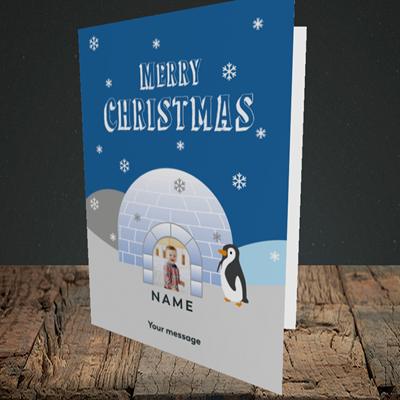 Picture of Igloo Penguin, Christmas Design, Portrait Greetings Card