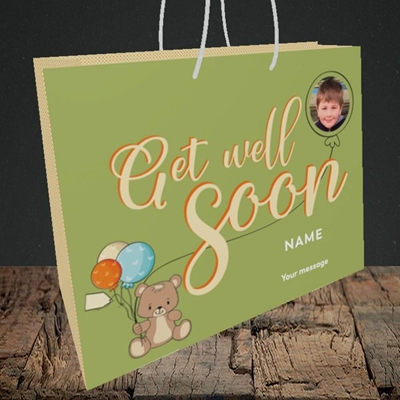 Picture of Bear with Balloons, Get Well Soon Design, Medium Landscape Gift Bag